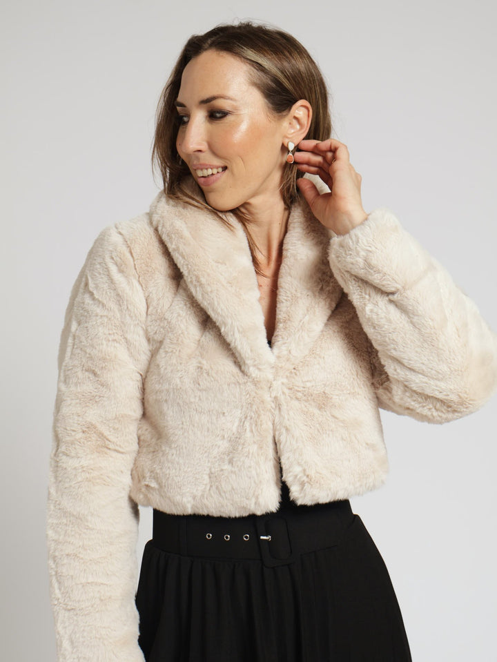 Shawl Collar Fur Coat - Cream