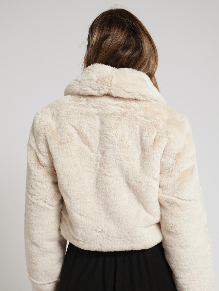 Shawl Collar Fur Coat - Cream