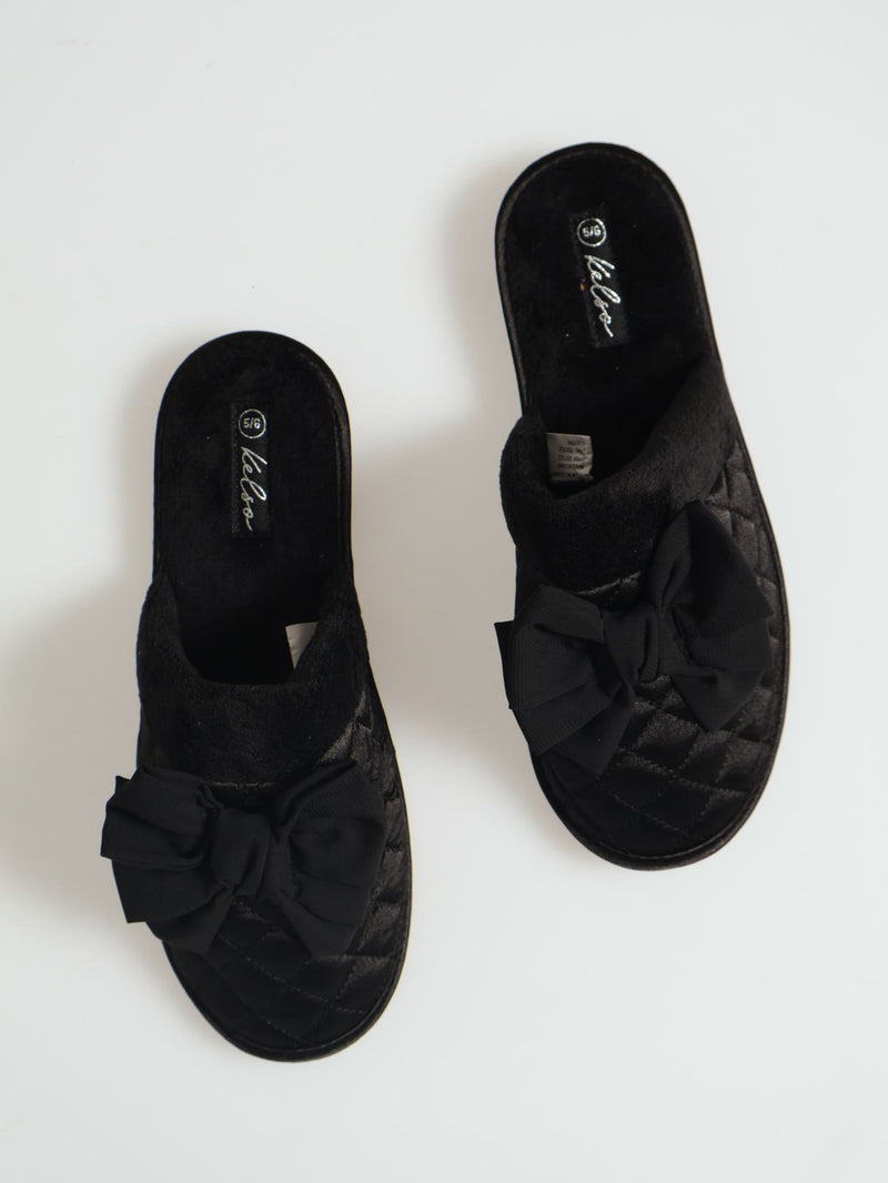 Quilted Closed Toe With Big Bow & Fur Topline Slipper - Black