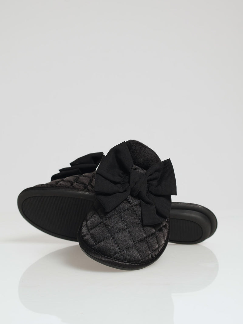 Quilted Closed Toe With Big Bow & Fur Topline Slipper - Black