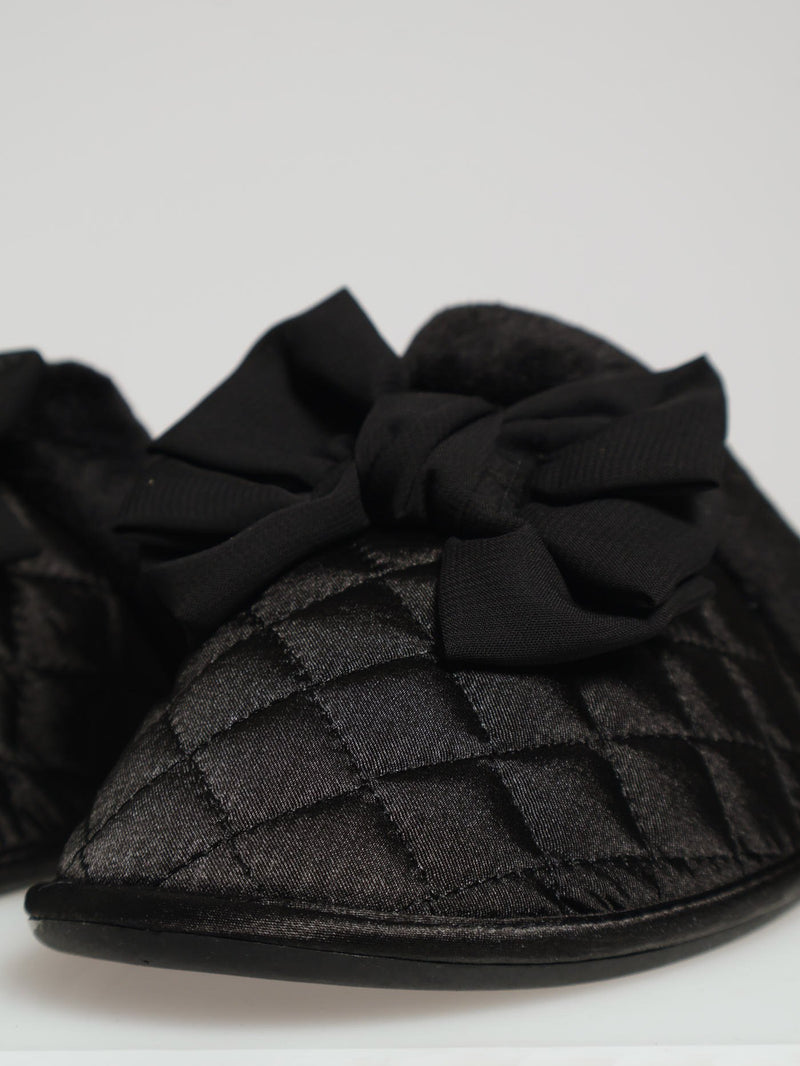 Quilted Closed Toe With Big Bow & Fur Topline Slipper - Black