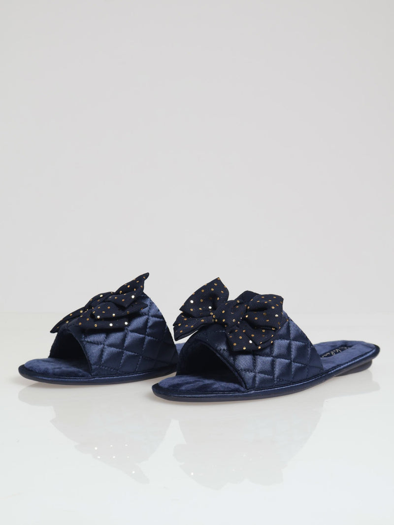 Quilted Closed Toe With Big Bow & Fur Topline Slipper - Navy