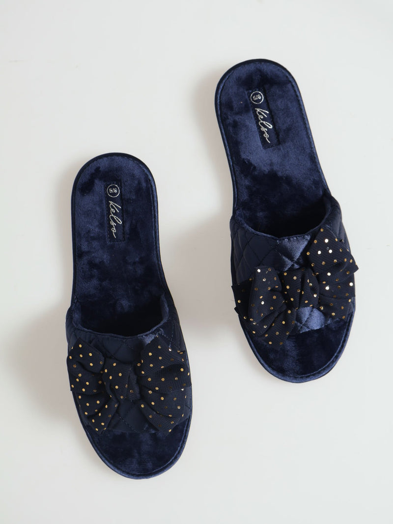 Quilted Closed Toe With Big Bow & Fur Topline Slipper - Navy
