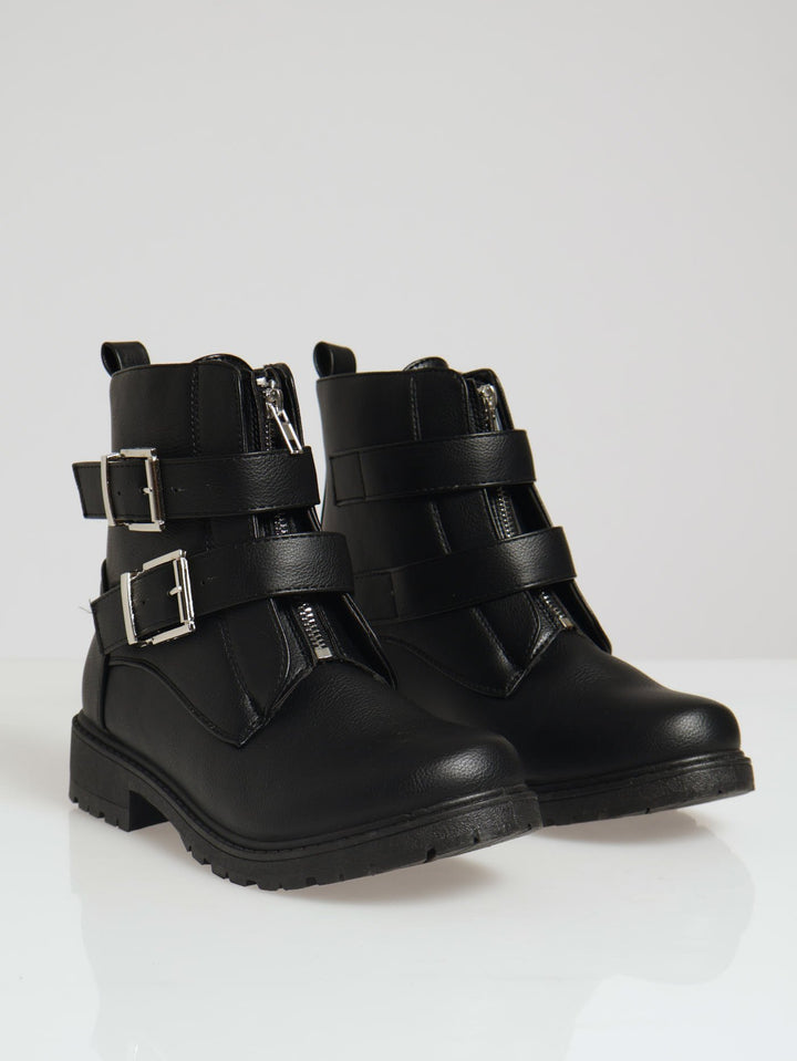 Chunky Front Zip & Buckle Ankle Boot - Black