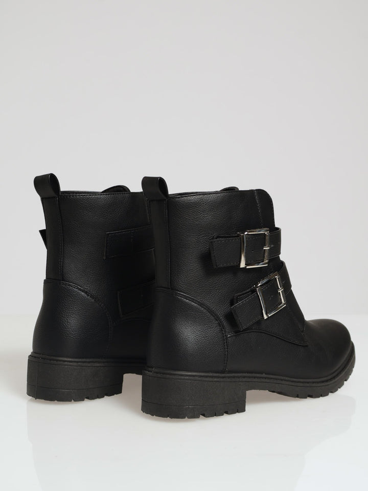 Chunky Front Zip & Buckle Ankle Boot - Black