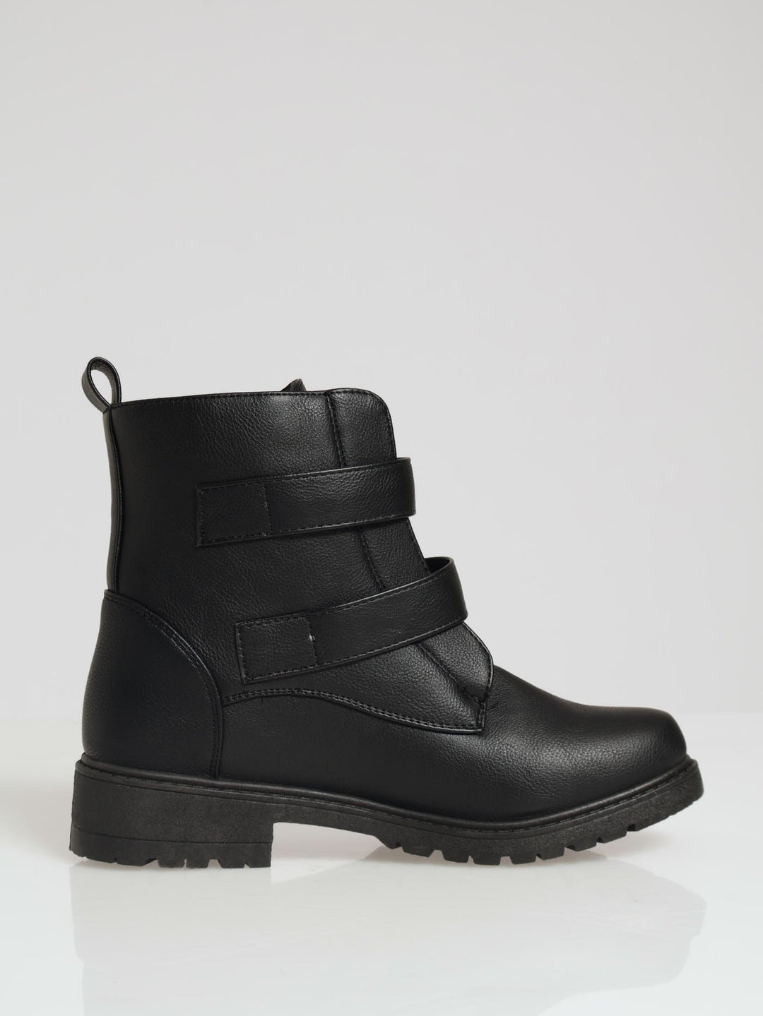 Chunky Front Zip & Buckle Ankle Boot - Black