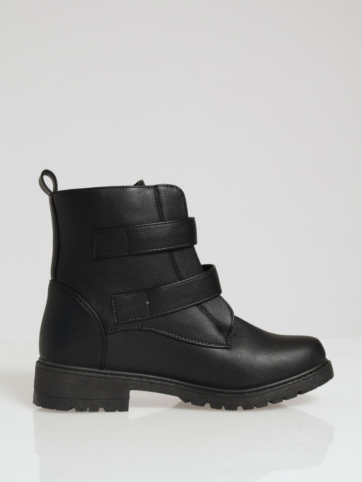 Chunky Front Zip & Buckle Ankle Boot - Black