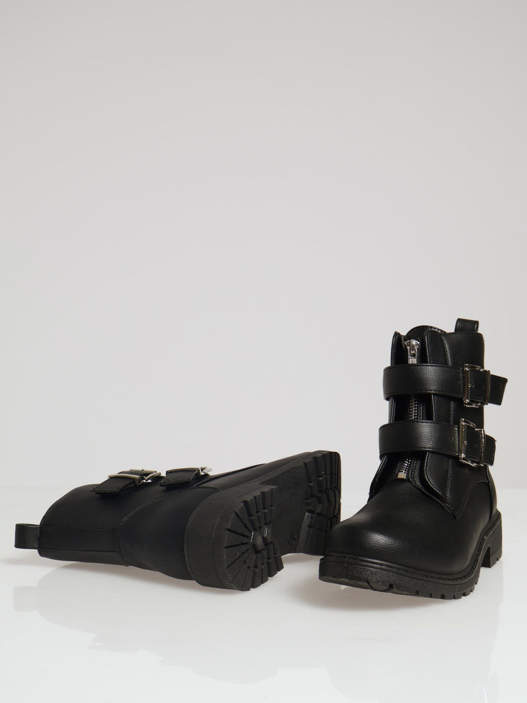 Chunky Front Zip & Buckle Ankle Boot - Black