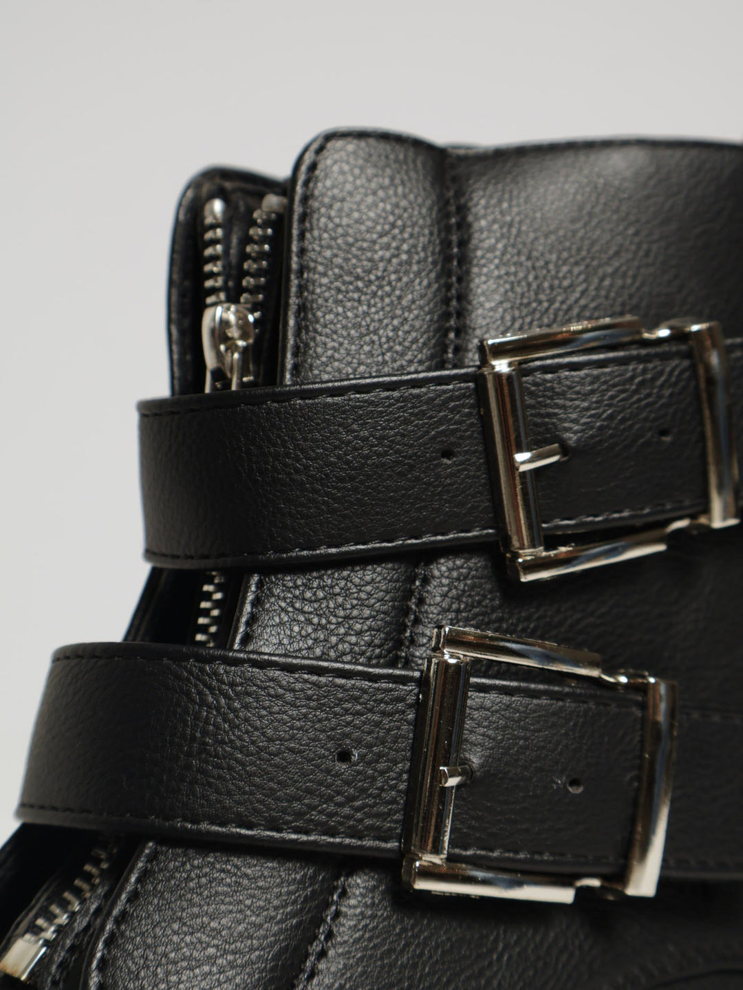 Chunky Front Zip & Buckle Ankle Boot - Black