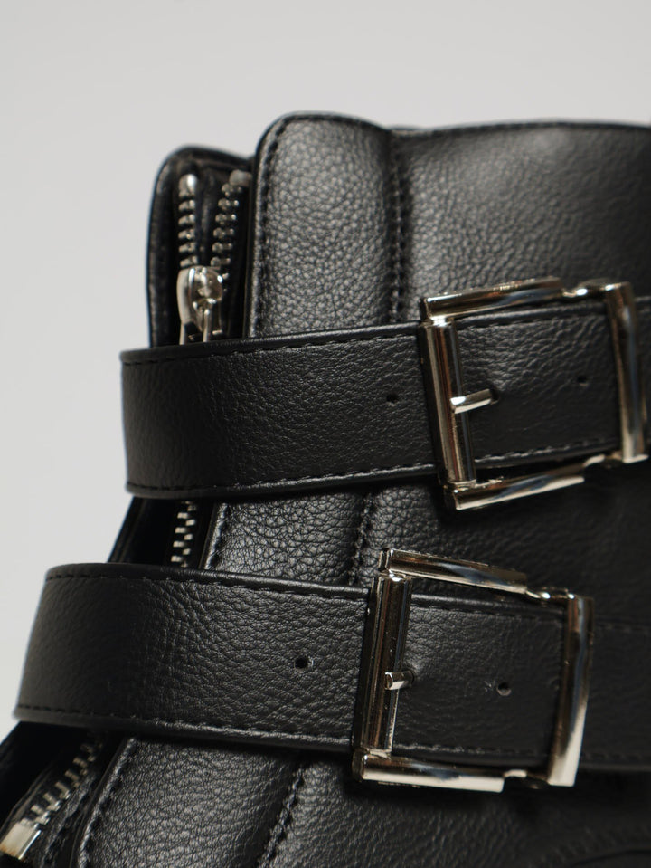 Chunky Front Zip & Buckle Ankle Boot - Black