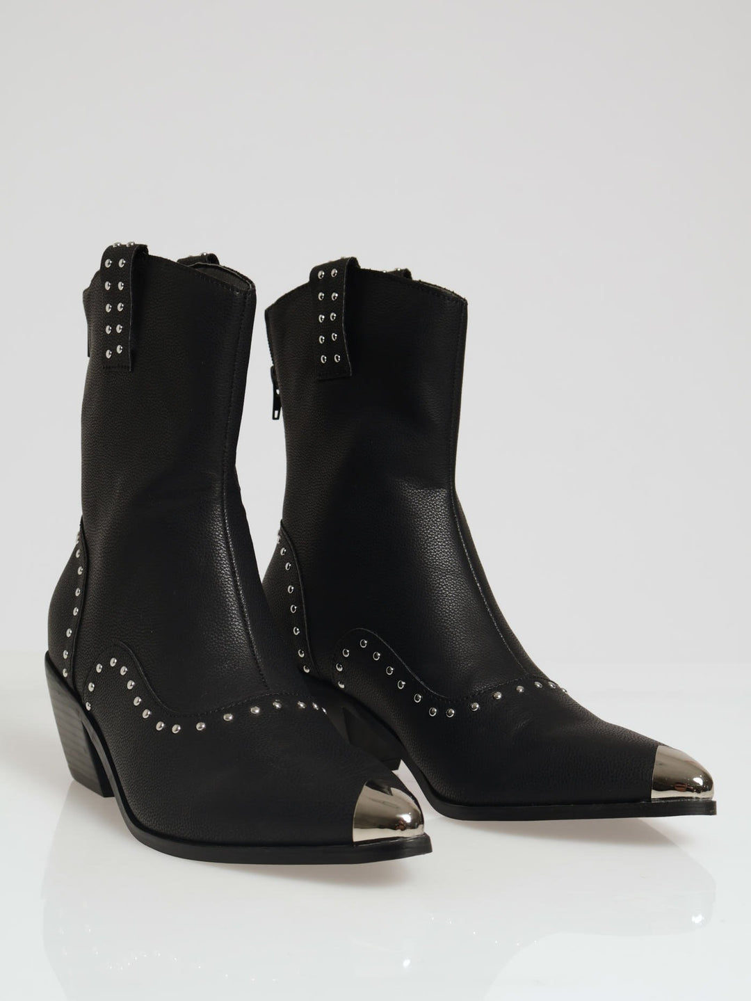 Studded Cowboy Boot With Metal Toe Cap - Black