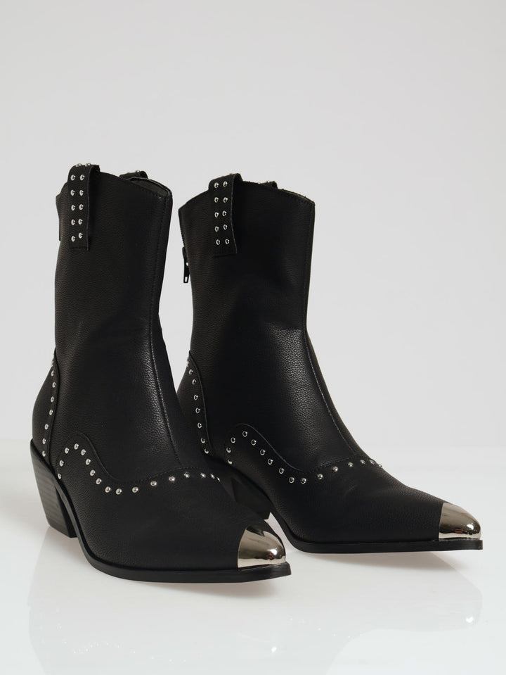 Studded Cowboy Boot With Metal Toe Cap - Black