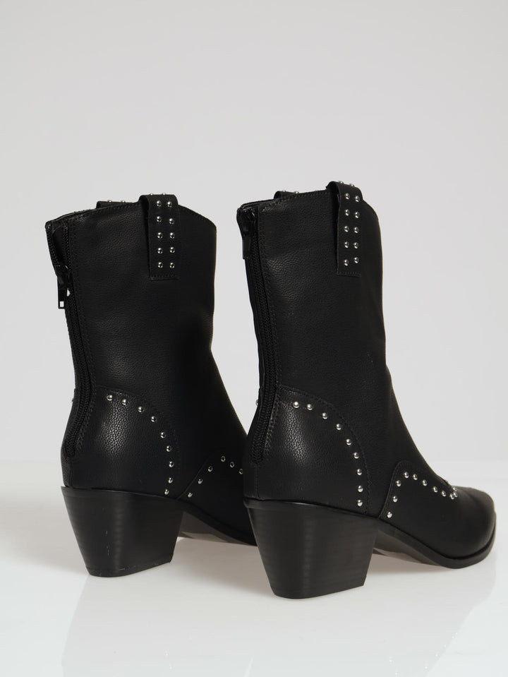 Studded Cowboy Boot With Metal Toe Cap - Black