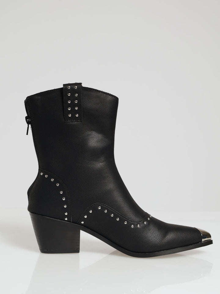 Studded Cowboy Boot With Metal Toe Cap - Black