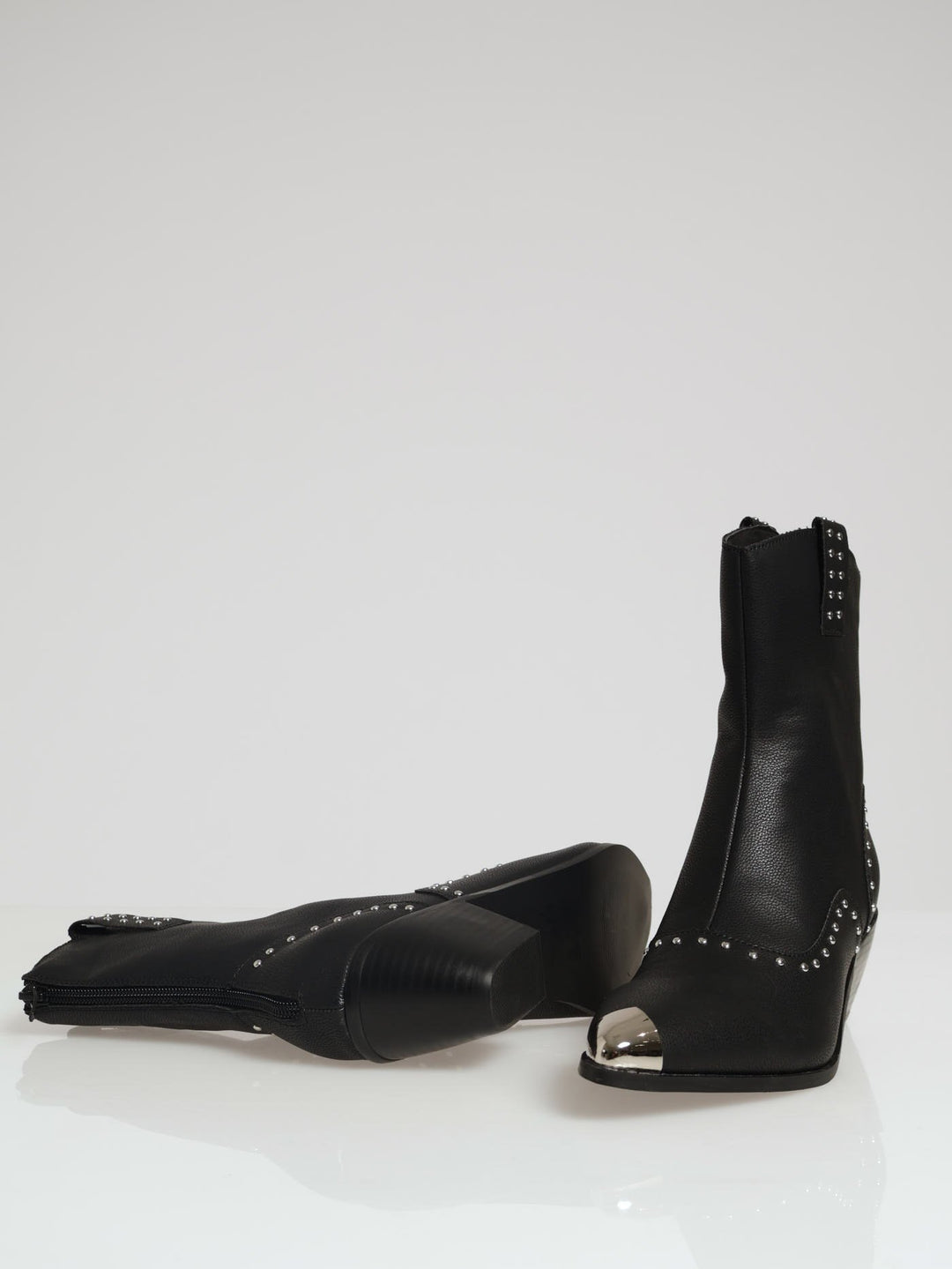 Studded Cowboy Boot With Metal Toe Cap - Black