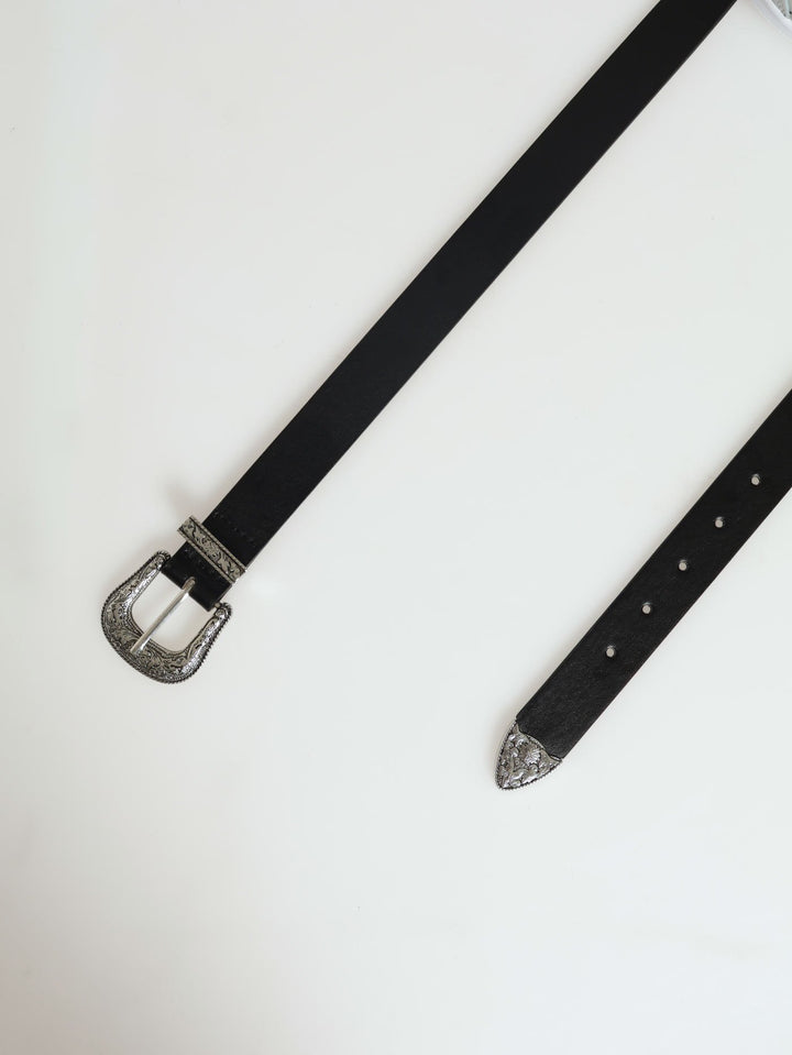 Silver Western Buckle Belt - Black