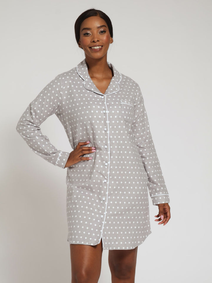 Long Sleeve Button Through Flannel Sleepshirt - Grey