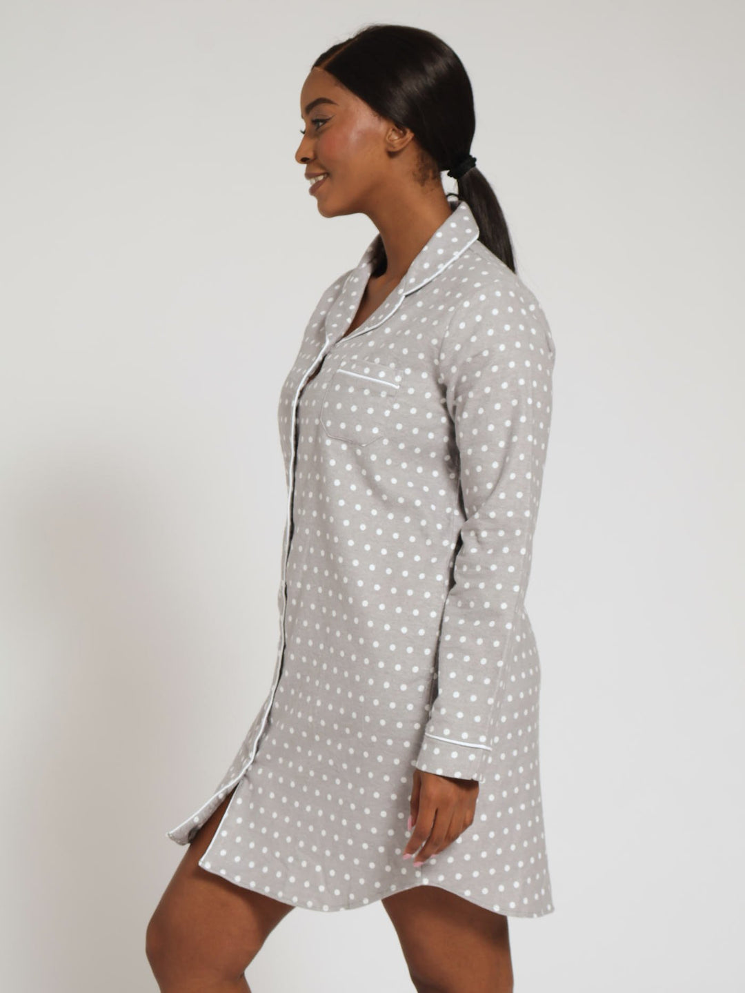 Long Sleeve Button Through Flannel Sleepshirt - Grey