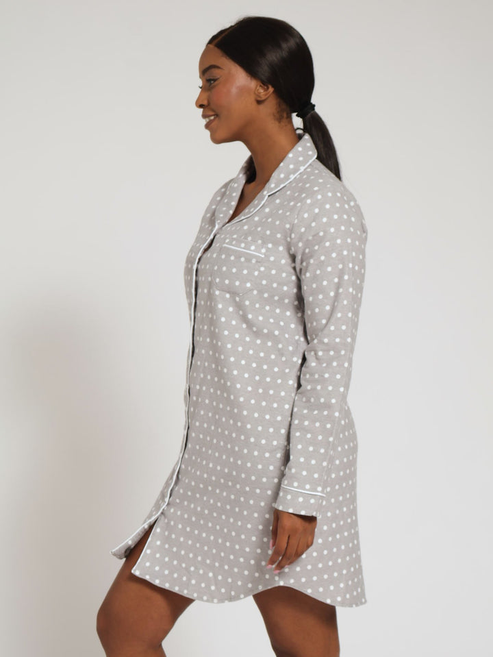 Long Sleeve Button Through Flannel Sleepshirt - Grey