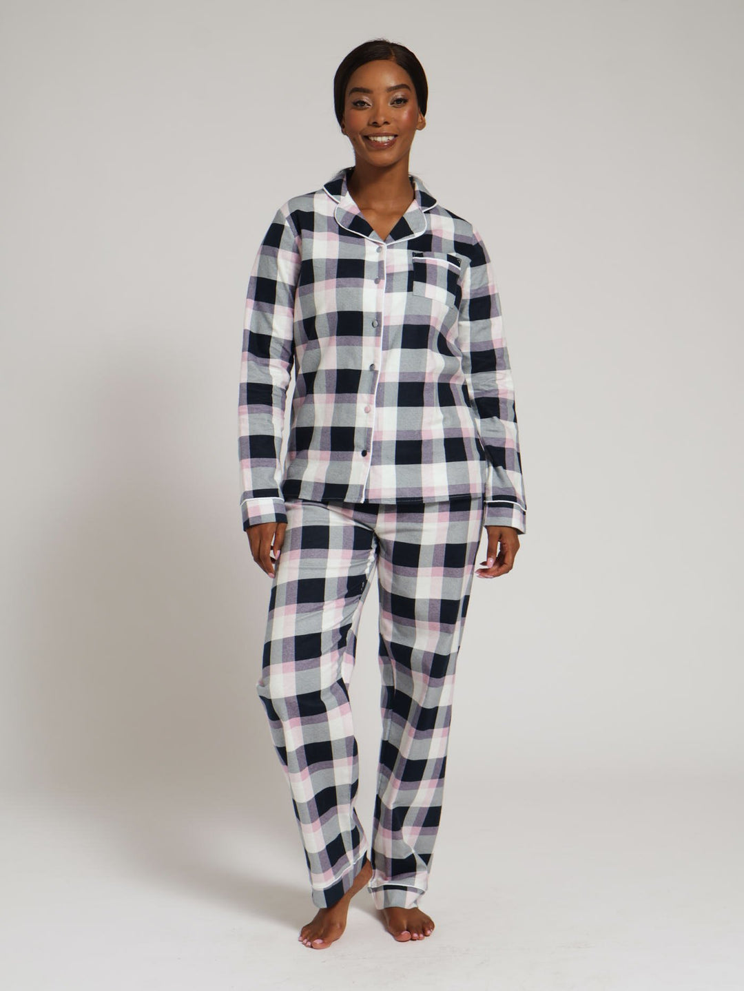 Long Sleeve Flannel Button Through Top & Pj Pants - Blue