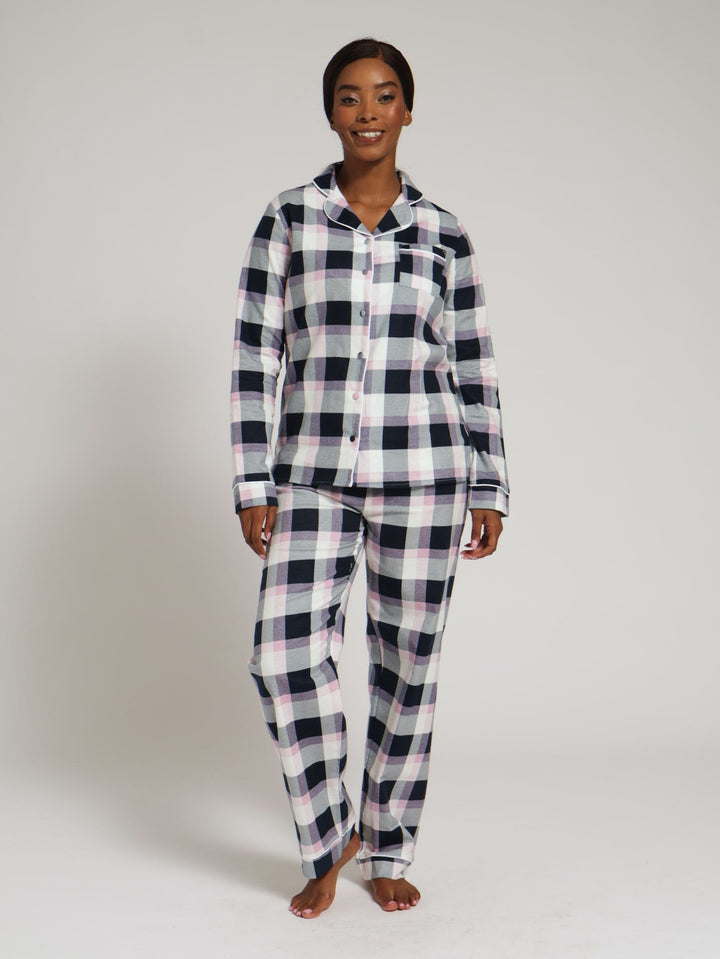 Long Sleeve Flannel Button Through Top & Pj Pants - Blue