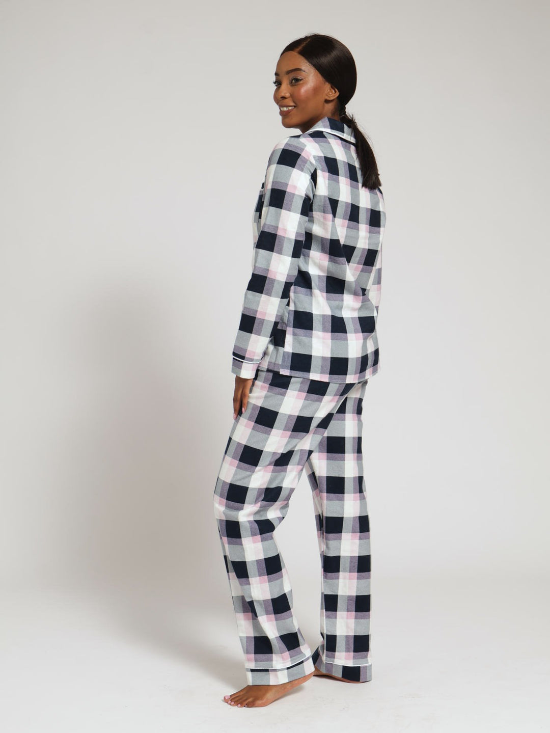 Long Sleeve Flannel Button Through Top & Pj Pants - Blue