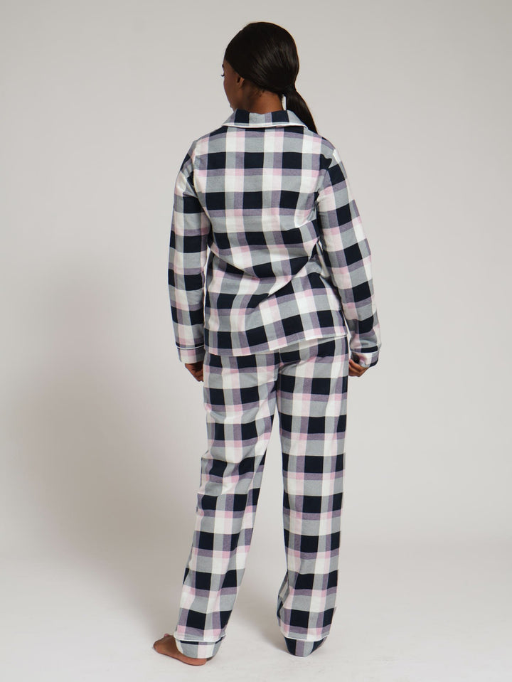 Long Sleeve Flannel Button Through Top & Pj Pants - Blue