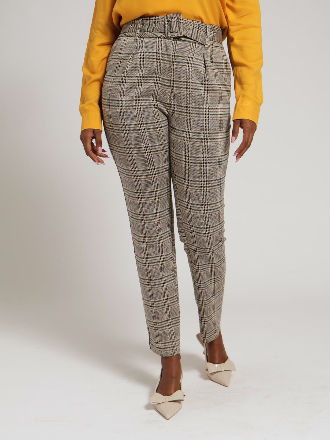 Belted Tartan Check Tapered Pants