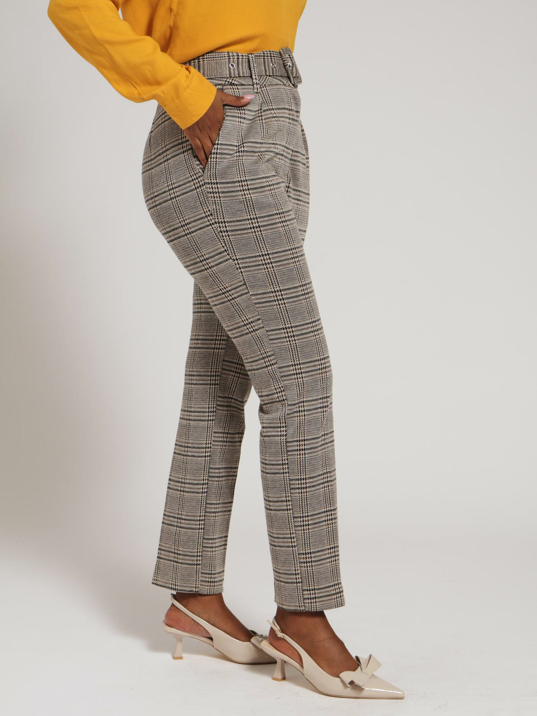 Belted Tartan Check Tapered Pants