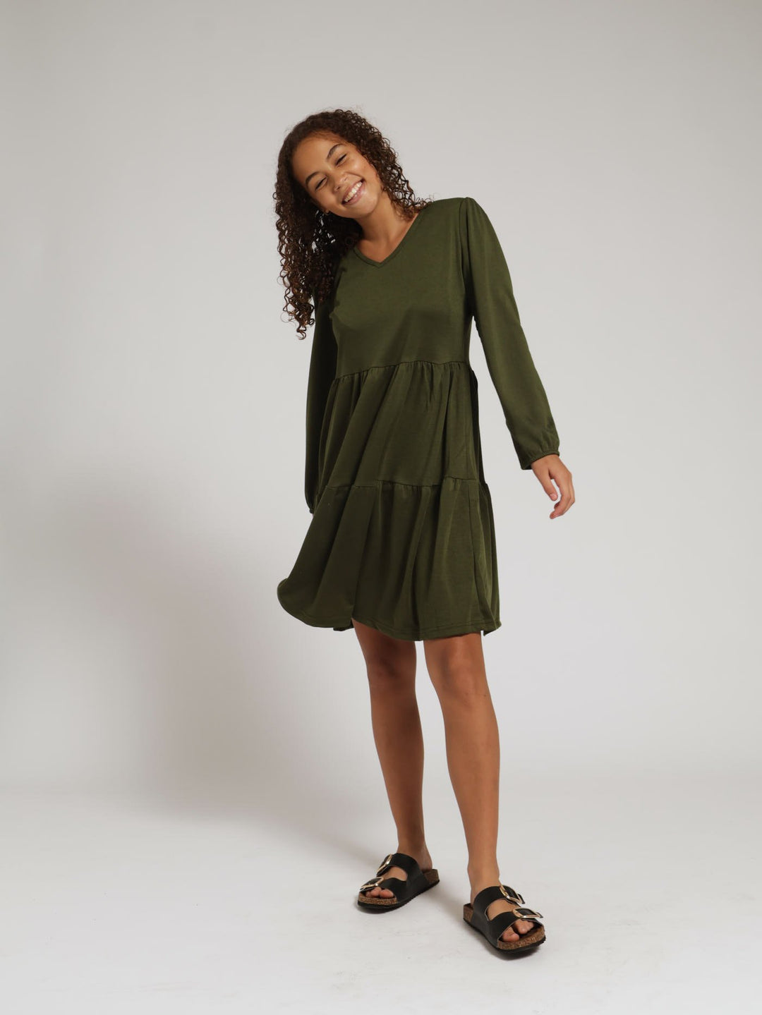 Girls Ponti Tiered Dress - Fatigue