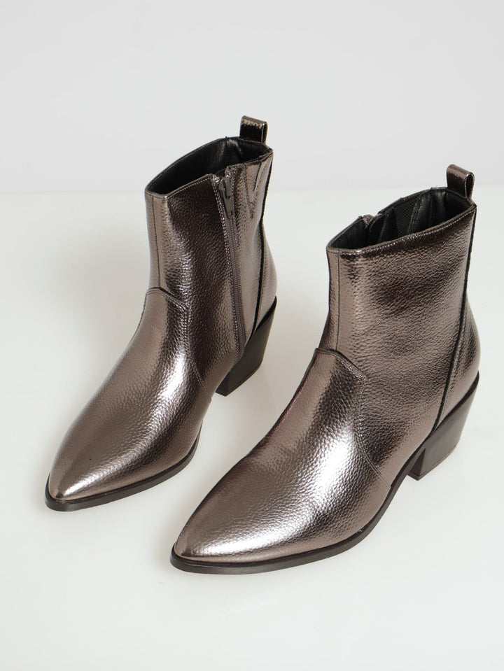 Metallic Cowboy Ankle Boots - Pewter