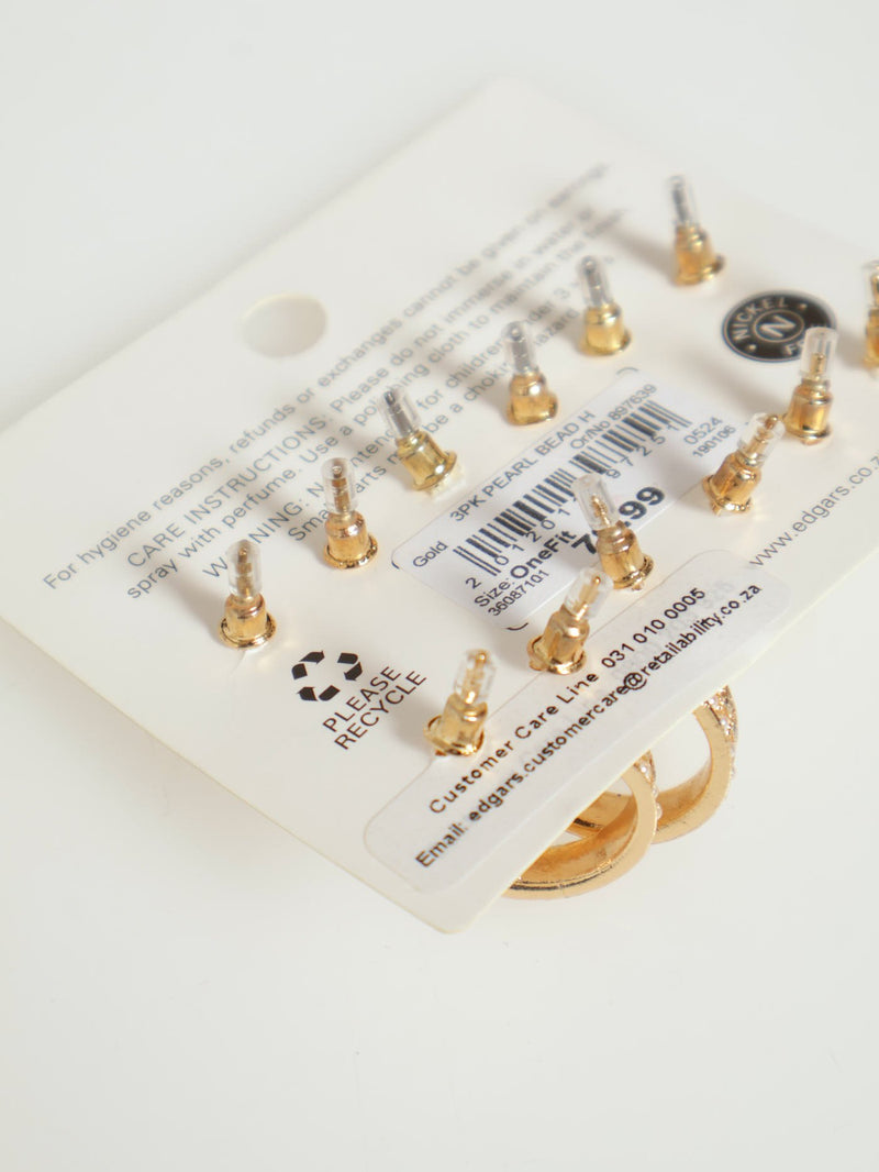 3 Pack Pearl Bead Hoops - Gold