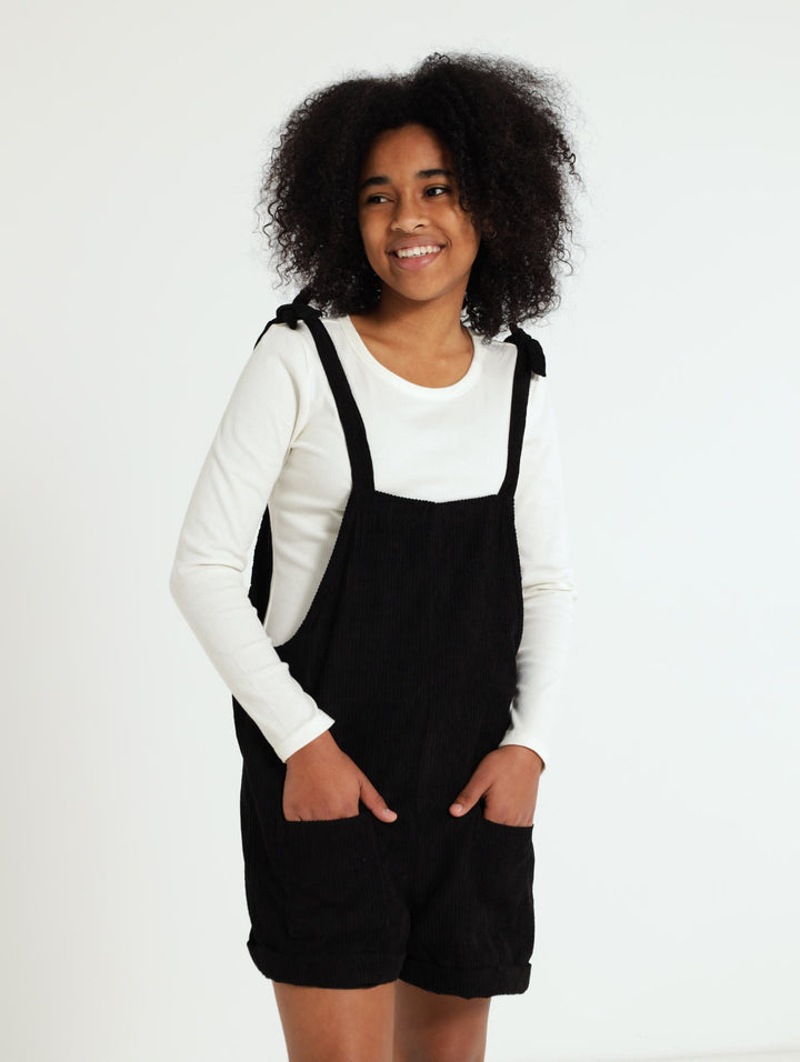 Girls Cord Tie Strap Dungaree - Black