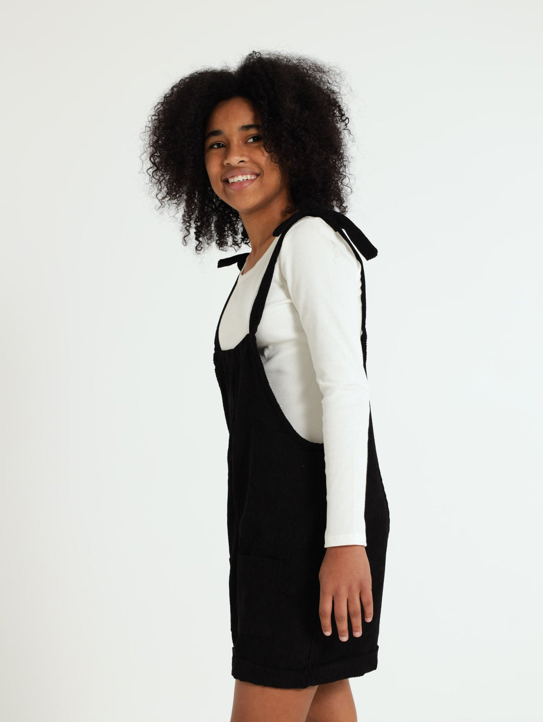 Girls Cord Tie Strap Dungaree - Black