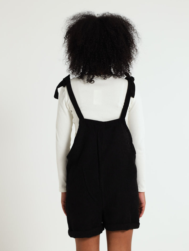 Girls Cord Tie Strap Dungaree - Black