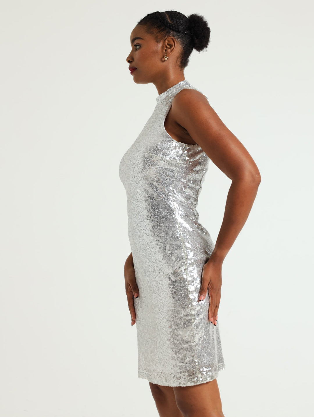 Hi-Neck Sequin Cocktail Dress - Silver