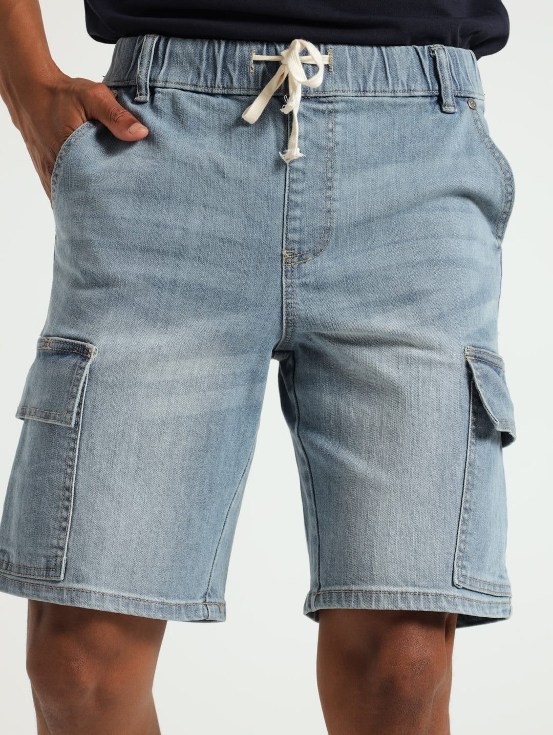 Cargo Denim Pull On Shorts - Light Wash