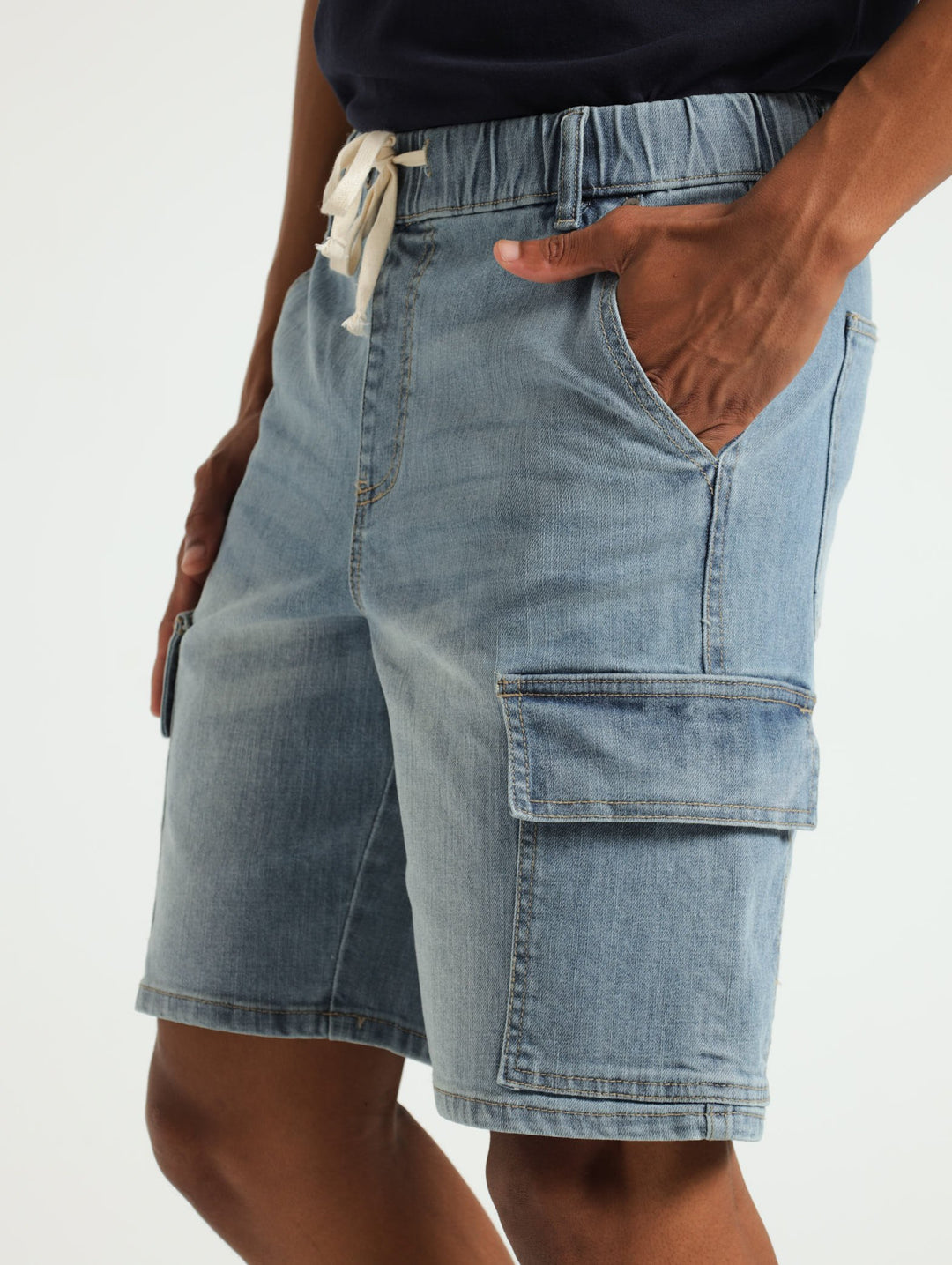 Cargo Denim Pull On Shorts - Light Wash