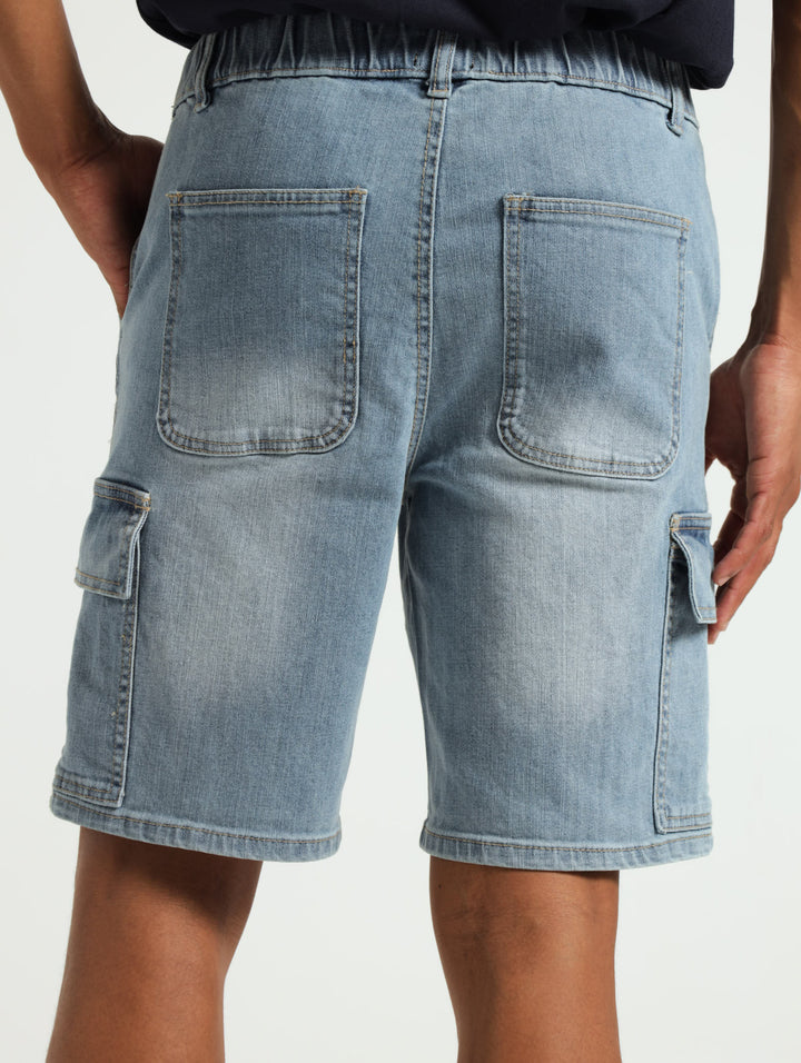 Cargo Denim Pull On Shorts - Light Wash