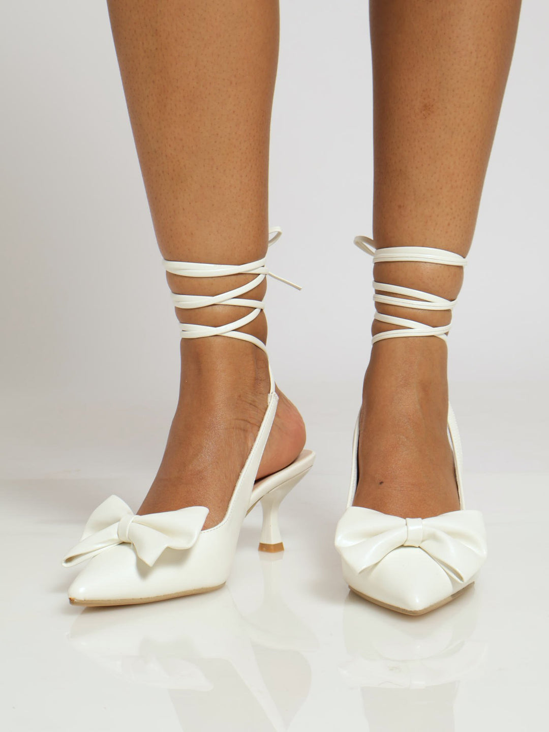 Bow Detail Lace-Up Pointy Kitten Heel - White