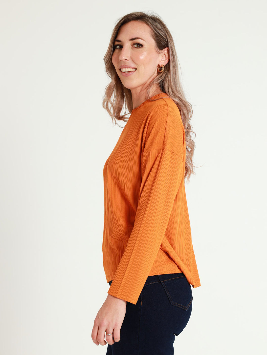Long Sleeve Loose Drop Shoulder Top - Orange