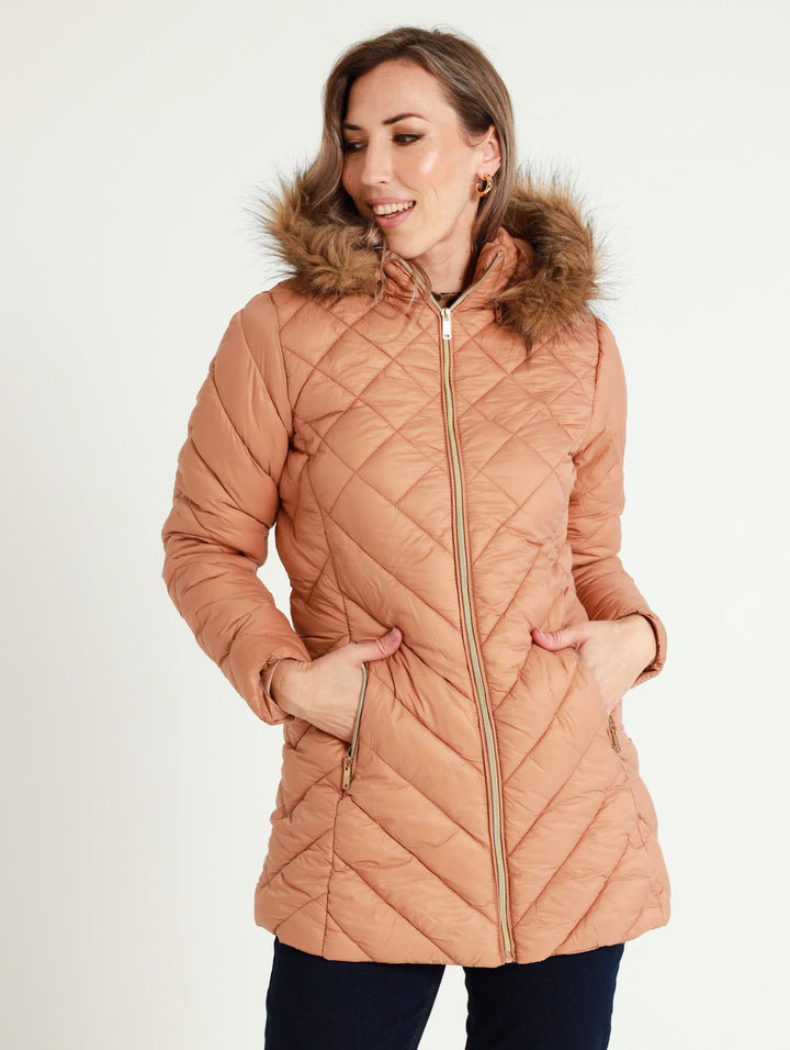 Fur Trim Diamond Quilted Jacket - Natural