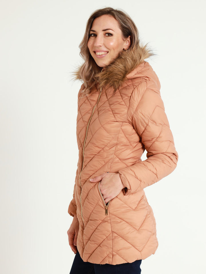 Fur Trim Diamond Quilted Jacket - Natural
