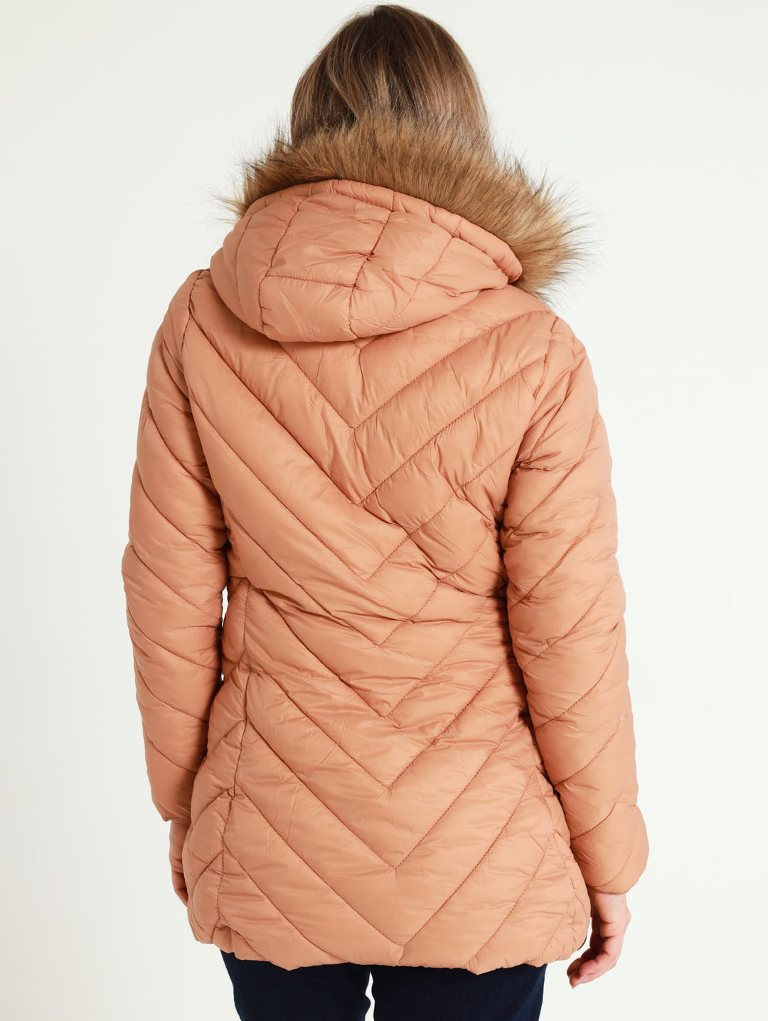 Fur Trim Diamond Quilted Jacket - Natural