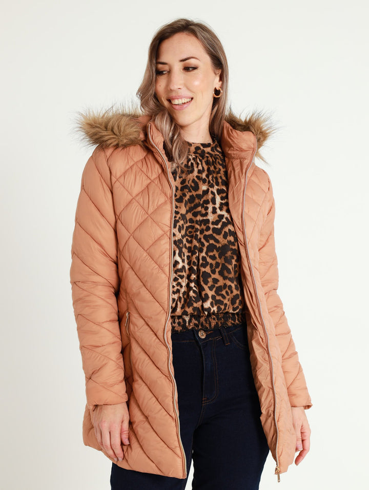 Fur Trim Diamond Quilted Jacket - Natural
