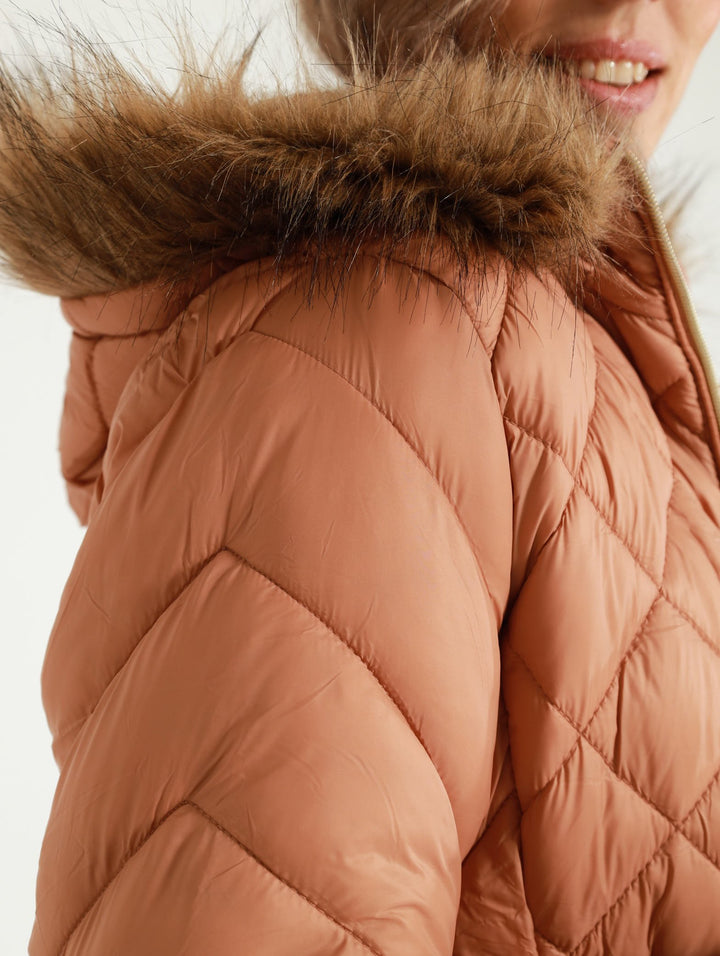 Fur Trim Diamond Quilted Jacket - Natural