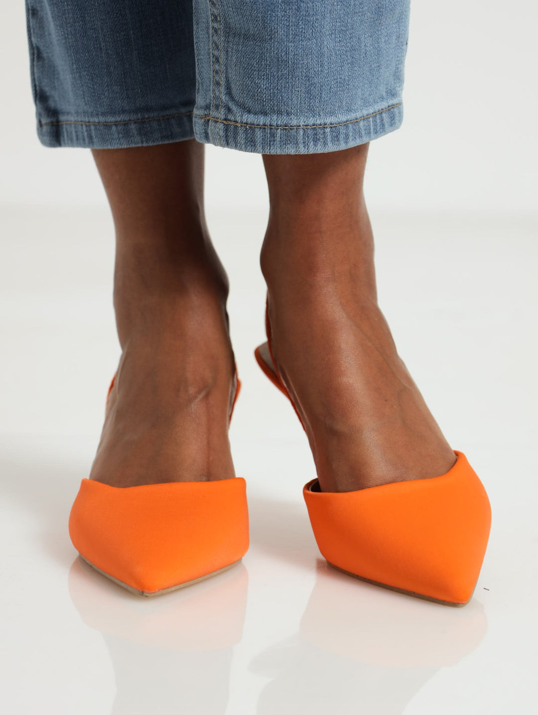 Pointed Toe Sqaure Vamp Kitten Heel - Orange