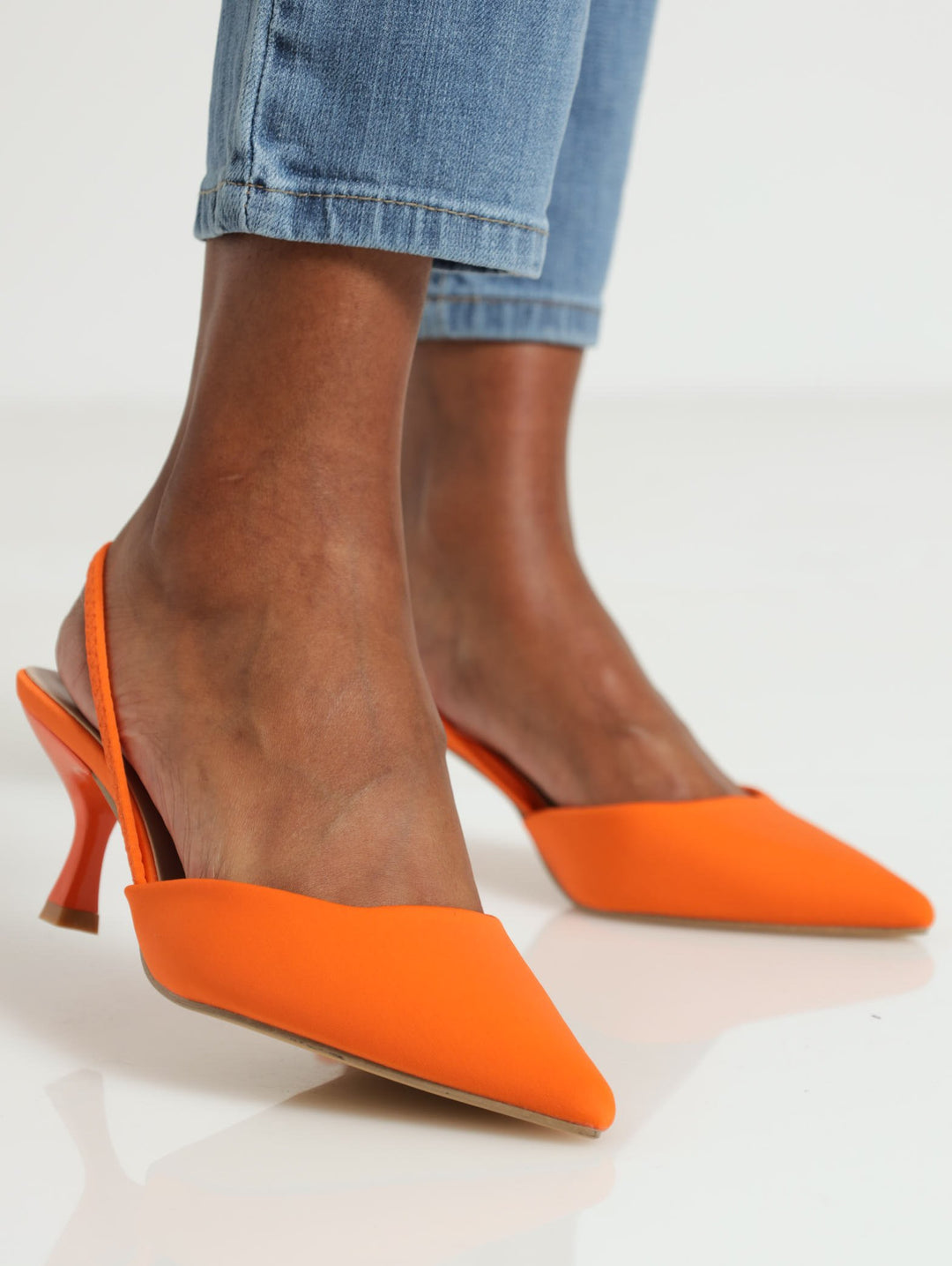 Pointed Toe Sqaure Vamp Kitten Heel - Orange