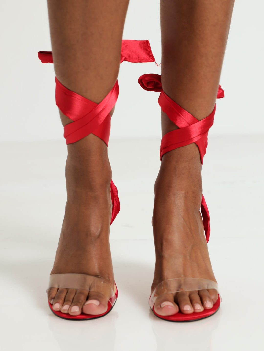 Vinyl Vamp Satin Lace-Up Stiletto - Red