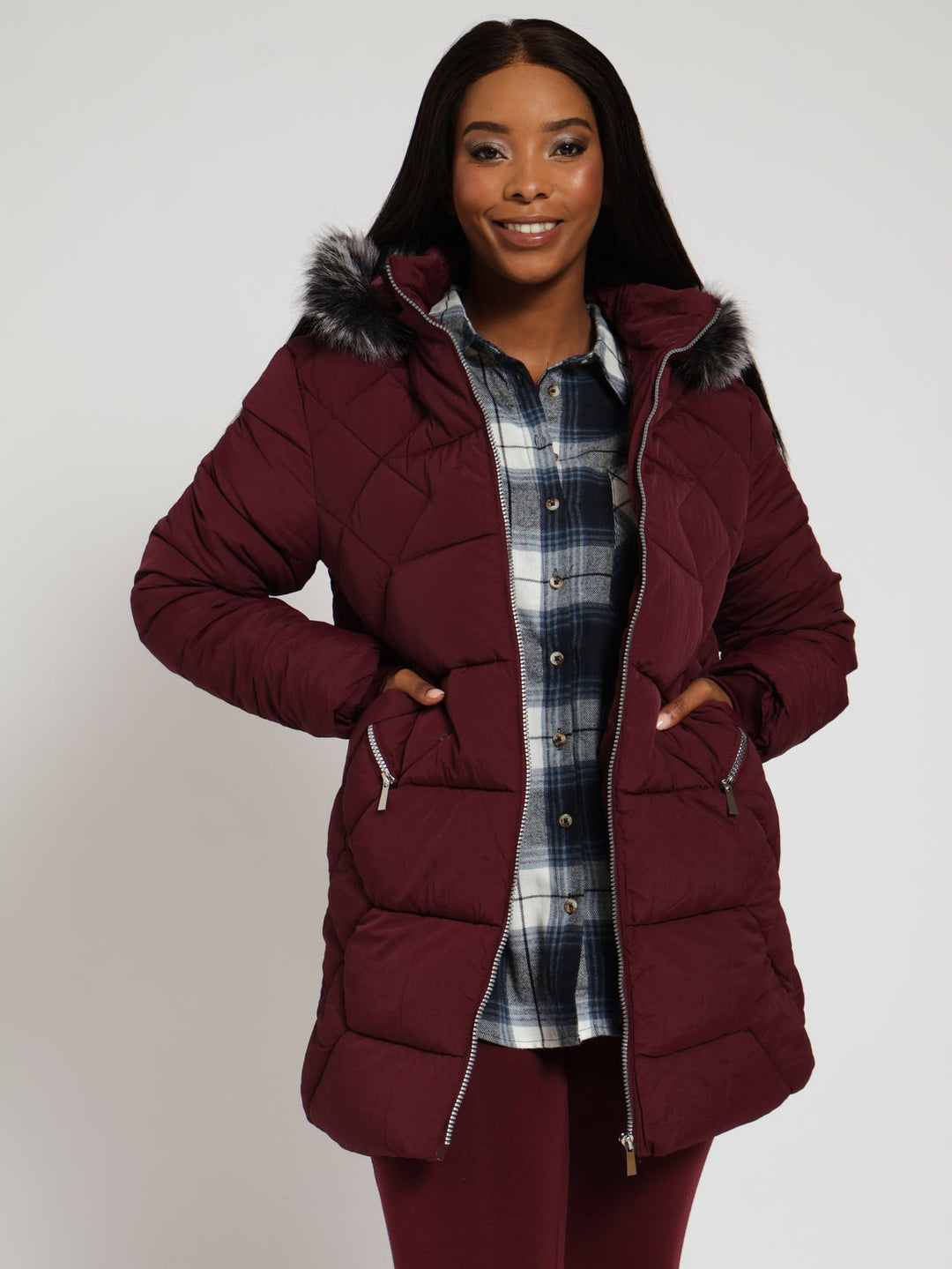 Quilted Puffer Jacket With Zip Detail Detachable Hoody Wine